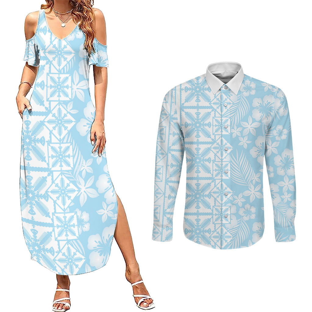 Pastel Blue Kahili Quilt Hawaii Couples Matching Summer Maxi Dress and Long Sleeve Button Shirt Tropical Flower Seamless Half Style LT14 Blue - Polynesian Pride