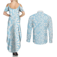 Pastel Blue Kahili Quilt Hawaii Couples Matching Summer Maxi Dress and Long Sleeve Button Shirt Tropical Flower Seamless Half Style LT14 - Polynesian Pride