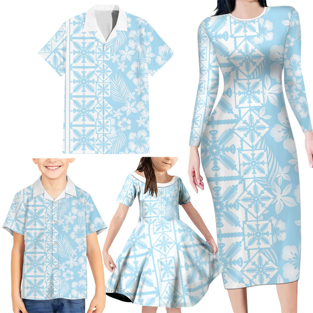 Pastel Blue Kahili Quilt Hawaii Family Matching Long Sleeve Bodycon Dress and Hawaiian Shirt Tropical Flower Seamless Half Style LT14 - Polynesian Pride