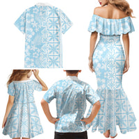 Pastel Blue Kahili Quilt Hawaii Family Matching Mermaid Dress and Hawaiian Shirt Tropical Flower Seamless Half Style LT14 - Polynesian Pride