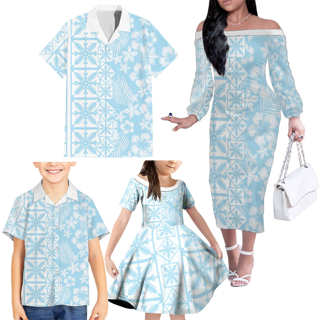 Pastel Blue Kahili Quilt Hawaii Family Matching Off The Shoulder Long Sleeve Dress and Hawaiian Shirt Tropical Flower Seamless Half Style LT14 - Polynesian Pride