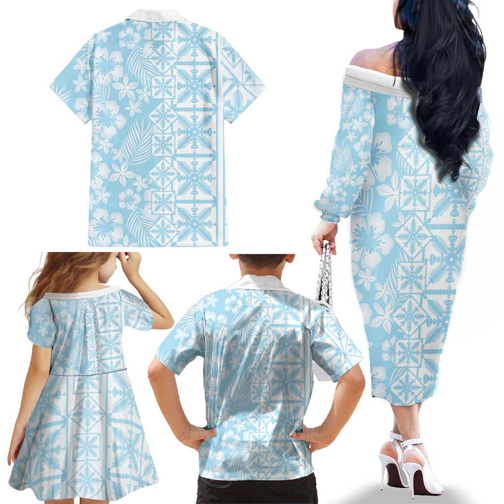 Pastel Blue Kahili Quilt Hawaii Family Matching Off The Shoulder Long Sleeve Dress and Hawaiian Shirt Tropical Flower Seamless Half Style LT14 - Polynesian Pride
