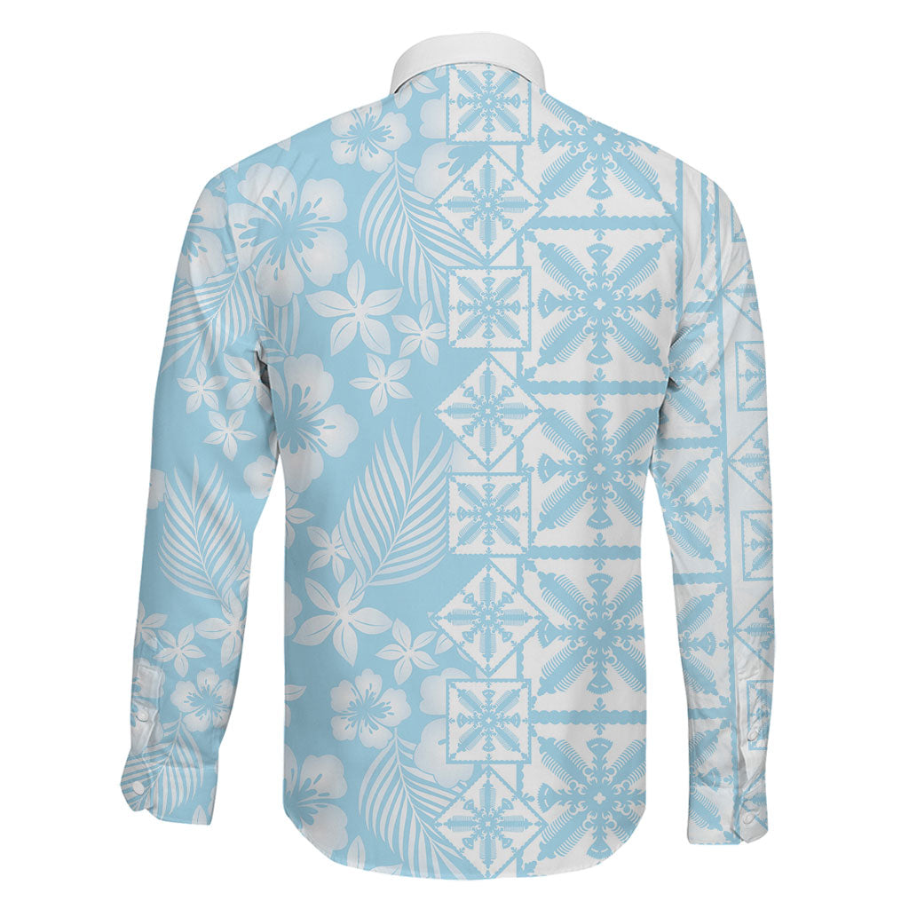 Pastel Blue Kahili Quilt Hawaii Family Matching Off The Shoulder Long Sleeve Dress and Hawaiian Shirt Tropical Flower Seamless Half Style LT14 - Polynesian Pride