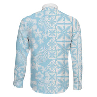 Pastel Blue Kahili Quilt Hawaii Family Matching Off The Shoulder Long Sleeve Dress and Hawaiian Shirt Tropical Flower Seamless Half Style LT14 - Polynesian Pride