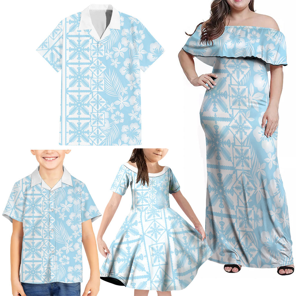Pastel Blue Kahili Quilt Hawaii Family Matching Off Shoulder Maxi Dress and Hawaiian Shirt Tropical Flower Seamless Half Style LT14 - Polynesian Pride
