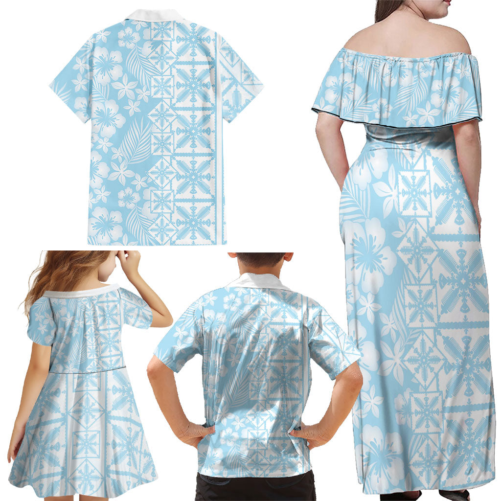 Pastel Blue Kahili Quilt Hawaii Family Matching Off Shoulder Maxi Dress and Hawaiian Shirt Tropical Flower Seamless Half Style LT14 - Polynesian Pride