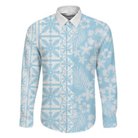 Pastel Blue Kahili Quilt Hawaii Family Matching Off Shoulder Maxi Dress and Hawaiian Shirt Tropical Flower Seamless Half Style LT14 Dad's Shirt - Long Sleeve Blue - Polynesian Pride