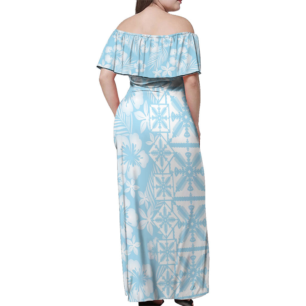 Pastel Blue Kahili Quilt Hawaii Family Matching Off Shoulder Maxi Dress and Hawaiian Shirt Tropical Flower Seamless Half Style LT14 - Polynesian Pride