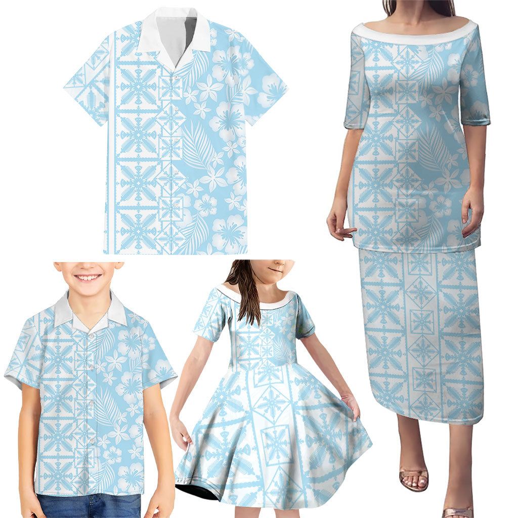 Pastel Blue Kahili Quilt Hawaii Family Matching Puletasi and Hawaiian Shirt Tropical Flower Seamless Half Style LT14 - Polynesian Pride