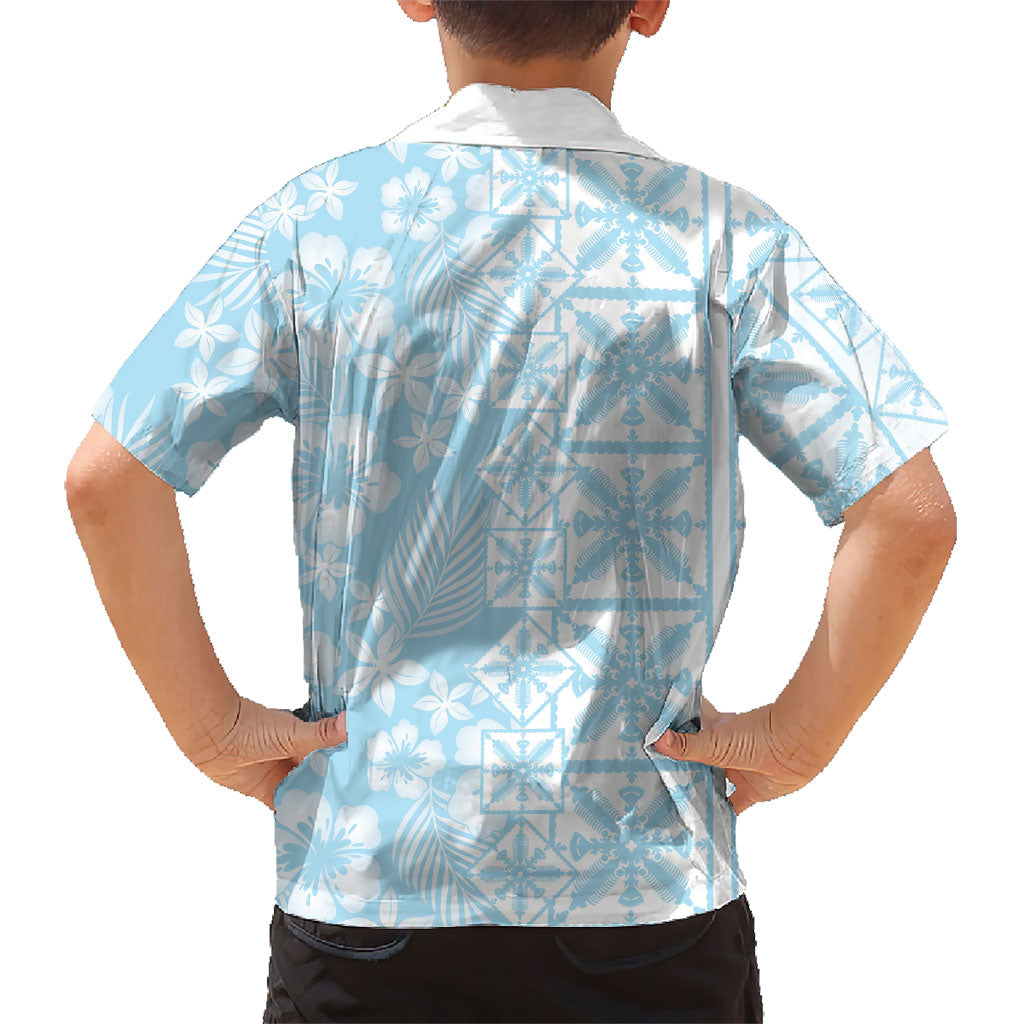 Pastel Blue Kahili Quilt Hawaii Family Matching Short Sleeve Bodycon Dress and Hawaiian Shirt Tropical Flower Seamless Half Style LT14 - Polynesian Pride