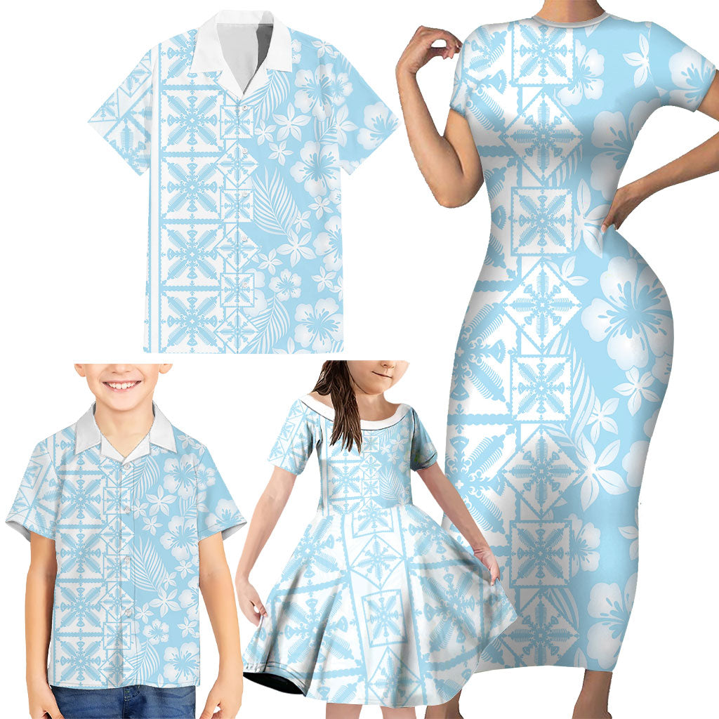 Pastel Blue Kahili Quilt Hawaii Family Matching Short Sleeve Bodycon Dress and Hawaiian Shirt Tropical Flower Seamless Half Style LT14 - Polynesian Pride