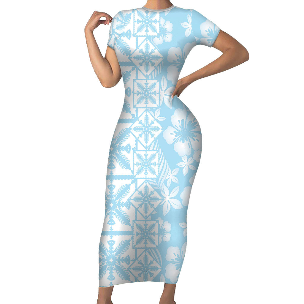 Pastel Blue Kahili Quilt Hawaii Family Matching Short Sleeve Bodycon Dress and Hawaiian Shirt Tropical Flower Seamless Half Style LT14 Mom's Dress Blue - Polynesian Pride