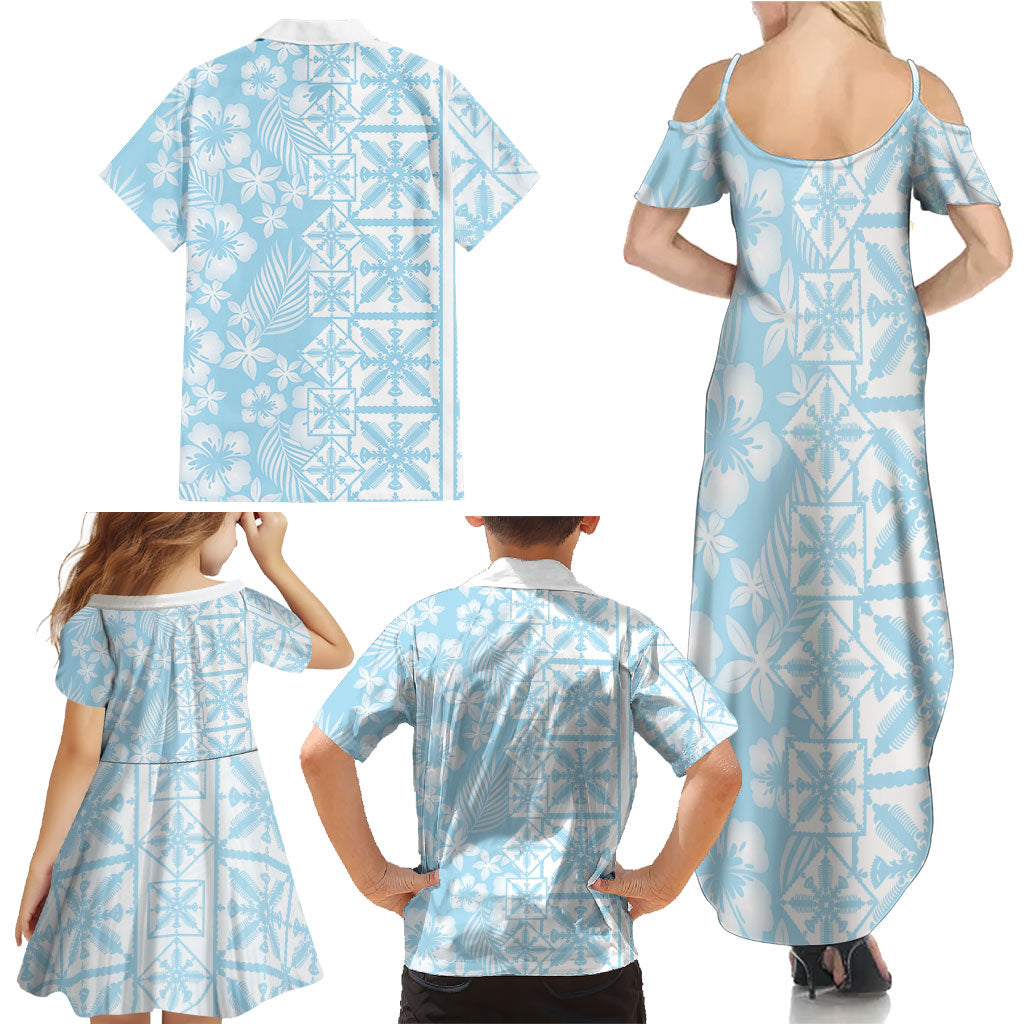 Pastel Blue Kahili Quilt Hawaii Family Matching Summer Maxi Dress and Hawaiian Shirt Tropical Flower Seamless Half Style LT14 - Polynesian Pride