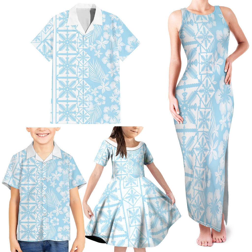 Pastel Blue Kahili Quilt Hawaii Family Matching Tank Maxi Dress and Hawaiian Shirt Tropical Flower Seamless Half Style LT14 - Polynesian Pride