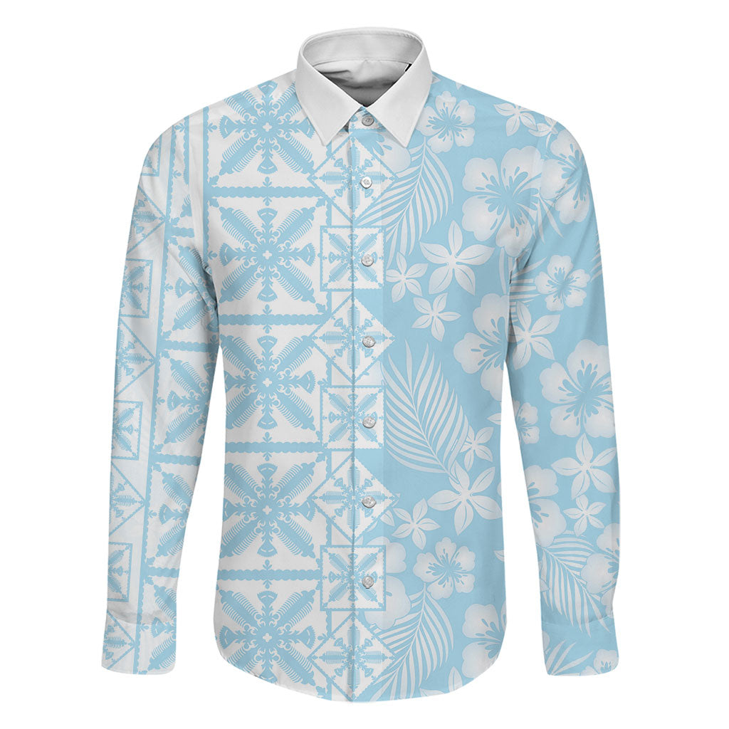 Pastel Blue Kahili Quilt Hawaii Family Matching Tank Maxi Dress and Hawaiian Shirt Tropical Flower Seamless Half Style LT14 Dad's Shirt - Long Sleeve Blue - Polynesian Pride