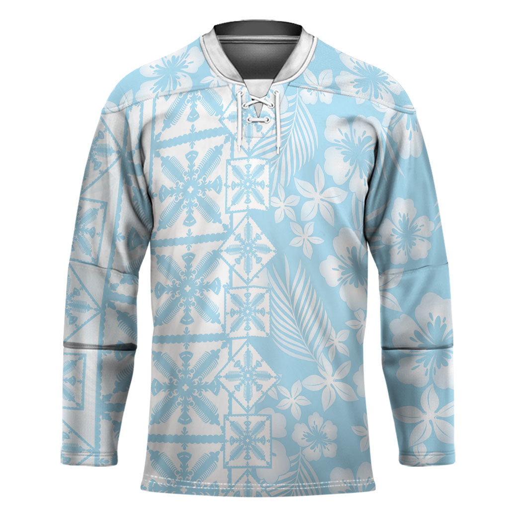 Pastel Blue Kahili Quilt Hawaii Hockey Jersey Tropical Flower Seamless Half Style LT14 Unisex Blue - Polynesian Pride