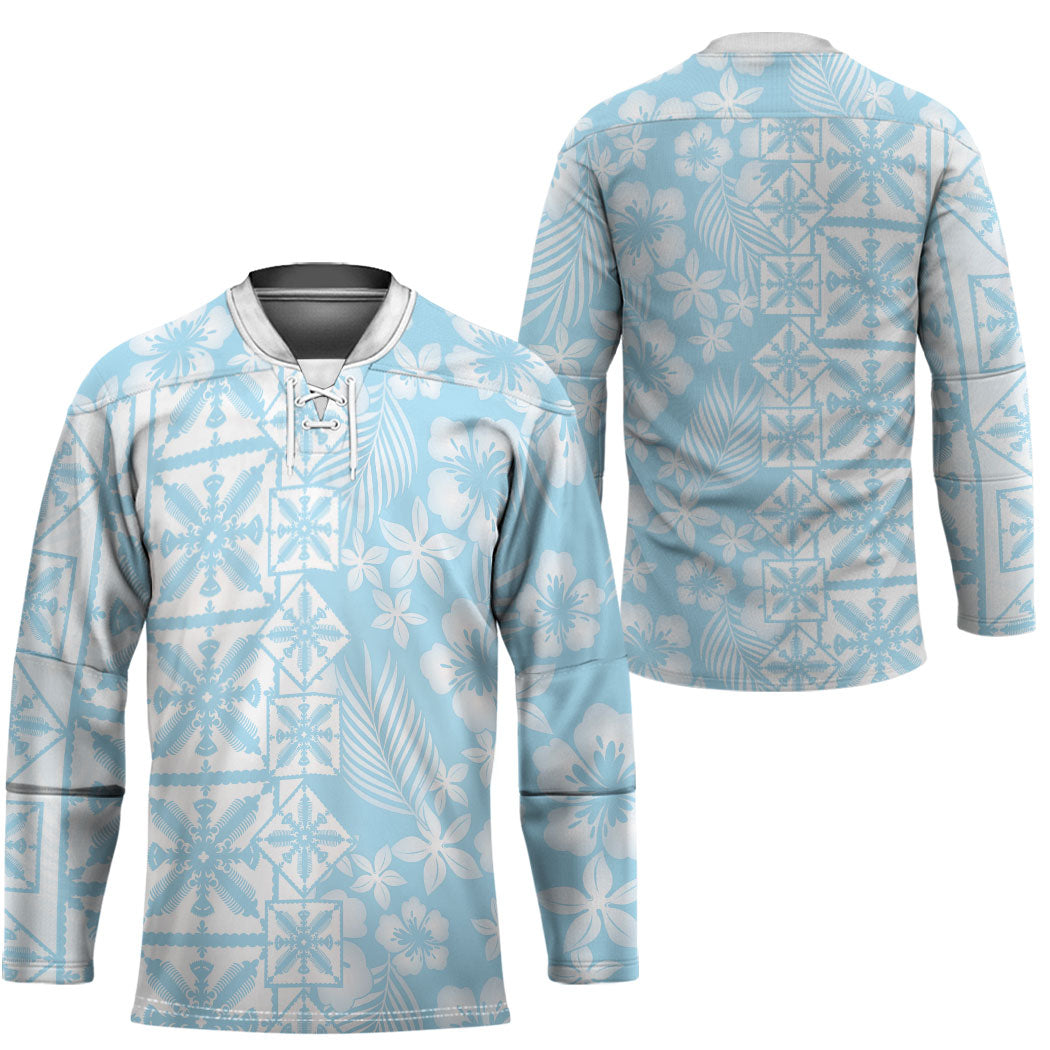 Pastel Blue Kahili Quilt Hawaii Hockey Jersey Tropical Flower Seamless Half Style LT14 - Polynesian Pride