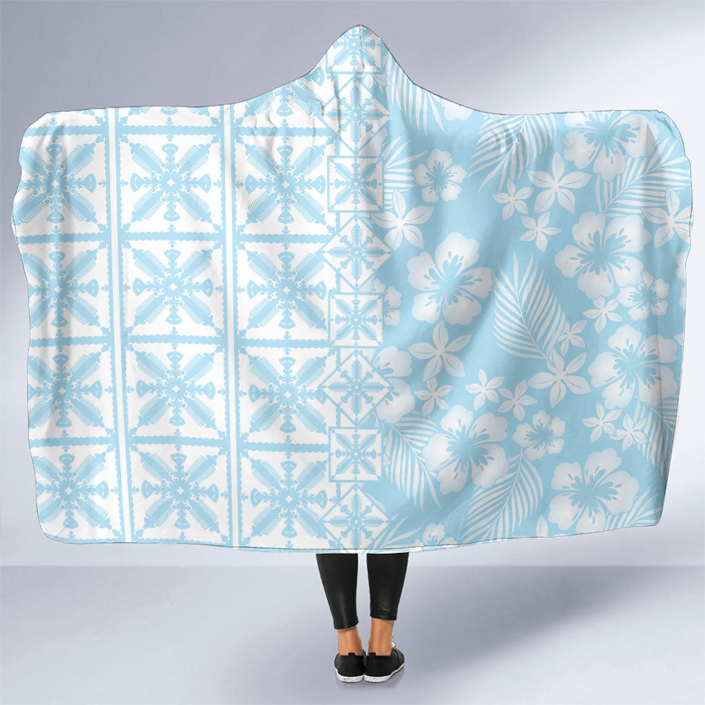 Pastel Blue Kahili Quilt Hawaii Hooded Blanket Tropical Flower Seamless Half Style LT14 One Size Blue - Polynesian Pride