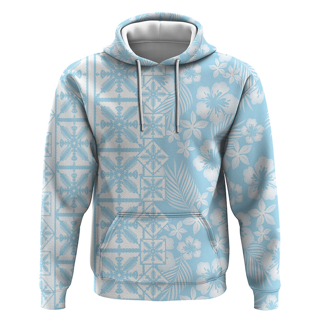Pastel Blue Kahili Quilt Hawaii Hoodie Tropical Flower Seamless Half Style LT14 Pullover Hoodie Blue - Polynesian Pride