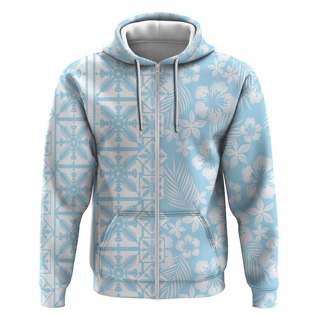 Pastel Blue Kahili Quilt Hawaii Hoodie Tropical Flower Seamless Half Style LT14 Zip Hoodie Blue - Polynesian Pride