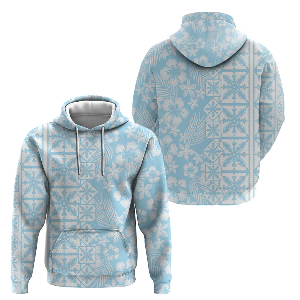 Pastel Blue Kahili Quilt Hawaii Hoodie Tropical Flower Seamless Half Style LT14 - Polynesian Pride