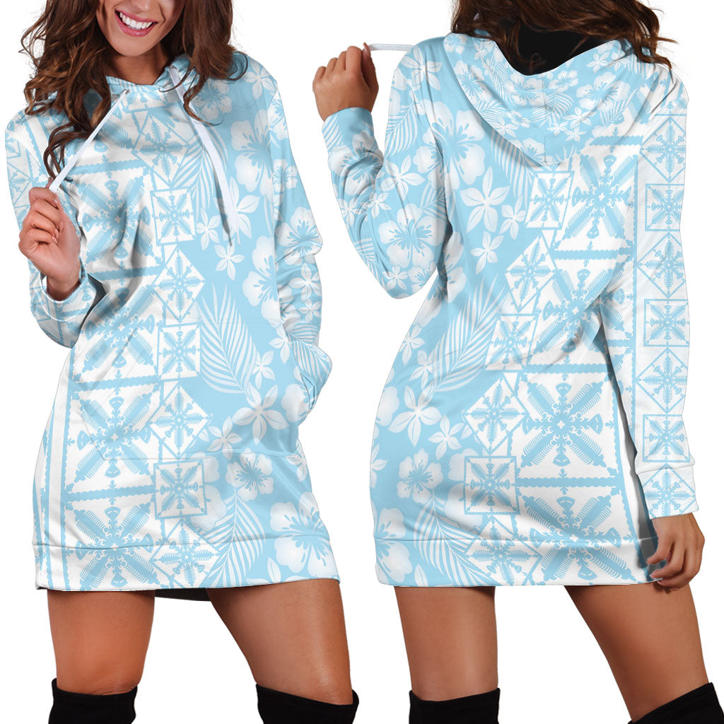 Pastel Blue Kahili Quilt Hawaii Hoodie Dress Tropical Flower Seamless Half Style
