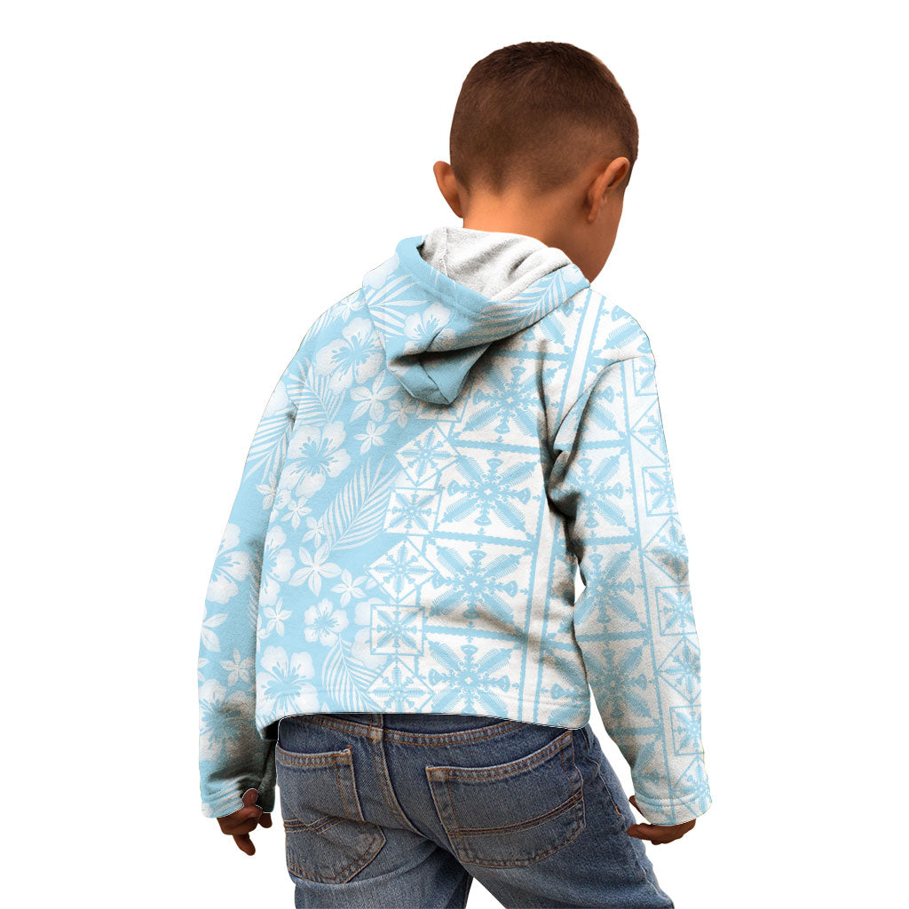 Pastel Blue Kahili Quilt Hawaii Kid Hoodie Tropical Flower Seamless Half Style LT14 - Polynesian Pride