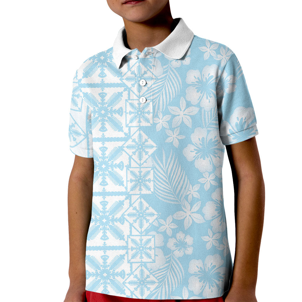 Pastel Blue Kahili Quilt Hawaii Kid Polo Shirt Tropical Flower Seamless Half Style LT14 Kid Blue - Polynesian Pride