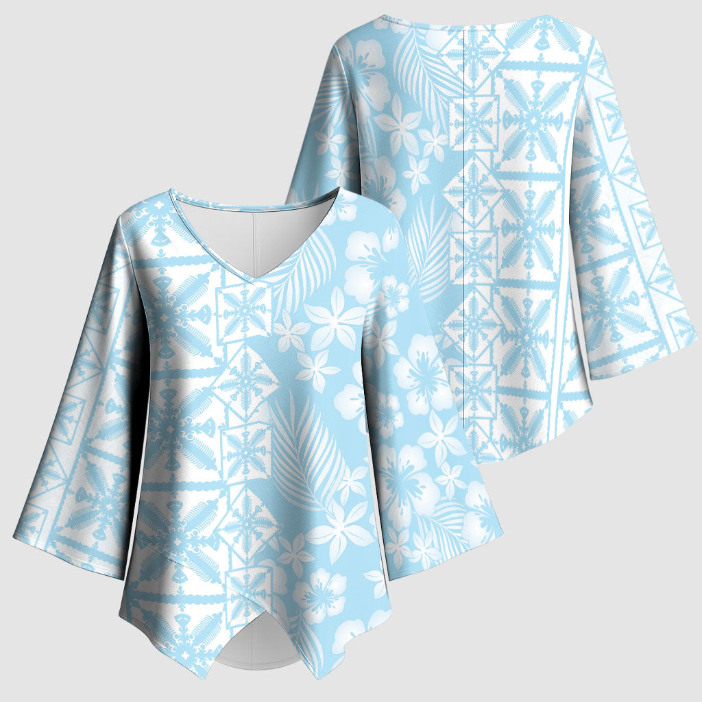 Pastel Blue Kahili Quilt Hawaii Kimono Sleeve Blouse Tropical Flower Seamless Half Style