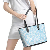 Pastel Blue Kahili Quilt Hawaii Leather Tote Bag Tropical Flower Seamless Half Style