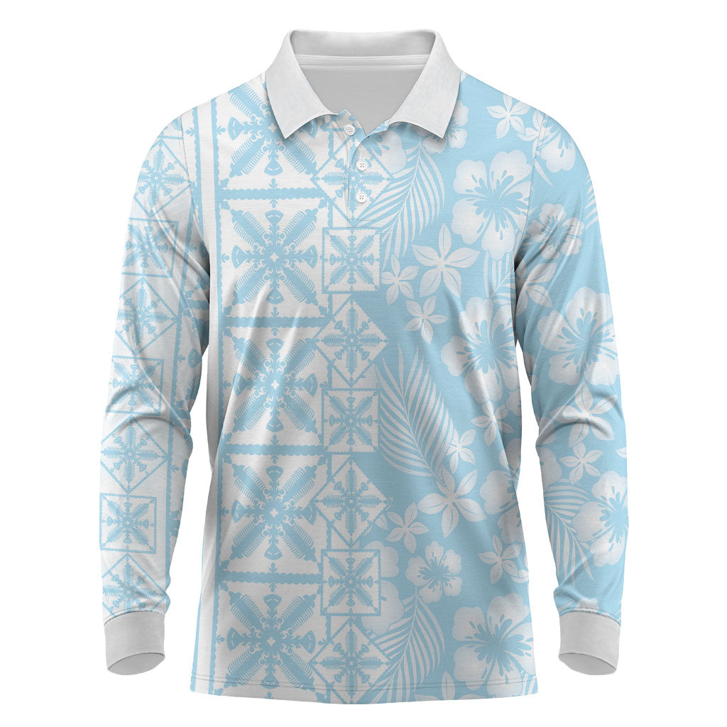 Pastel Blue Kahili Quilt Hawaii Long Sleeve Polo Shirt Tropical Flower Seamless Half Style LT14 Blue - Polynesian Pride