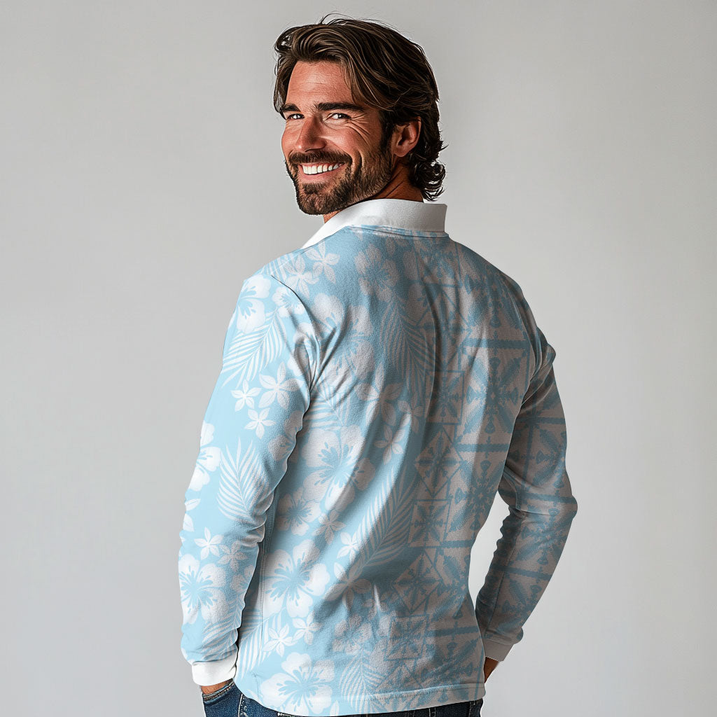 Pastel Blue Kahili Quilt Hawaii Long Sleeve Polo Shirt Tropical Flower Seamless Half Style