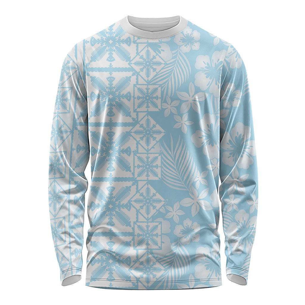 Pastel Blue Kahili Quilt Hawaii Long Sleeve Shirt Tropical Flower Seamless Half Style LT14 Unisex Blue - Polynesian Pride