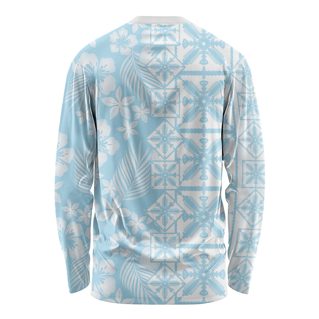 Pastel Blue Kahili Quilt Hawaii Long Sleeve Shirt Tropical Flower Seamless Half Style LT14 - Polynesian Pride