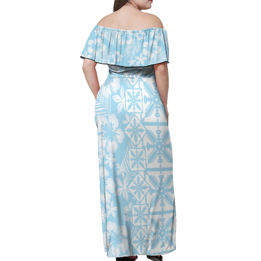 Pastel Blue Kahili Quilt Hawaii Off Shoulder Maxi Dress Tropical Flower Seamless Half Style LT14 - Polynesian Pride