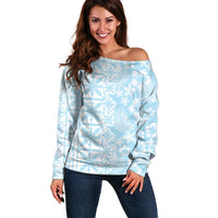 Pastel Blue Kahili Quilt Hawaii Off Shoulder Sweater Tropical Flower Seamless Half Style LT14 Women Blue - Polynesian Pride