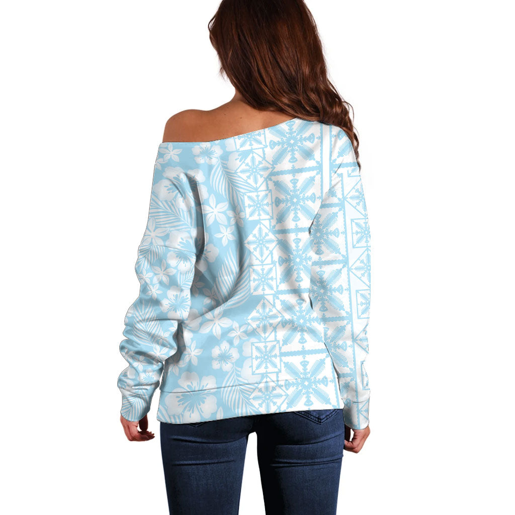 Pastel Blue Kahili Quilt Hawaii Off Shoulder Sweater Tropical Flower Seamless Half Style LT14 - Polynesian Pride