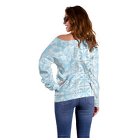 Pastel Blue Kahili Quilt Hawaii Off Shoulder Sweater Tropical Flower Seamless Half Style LT14 - Polynesian Pride