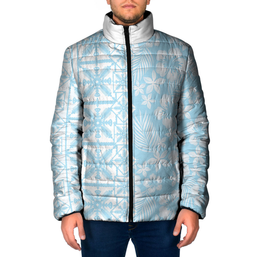 Pastel Blue Kahili Quilt Hawaii Padded Jacket Tropical Flower Seamless Half Style LT14 Men Blue - Polynesian Pride