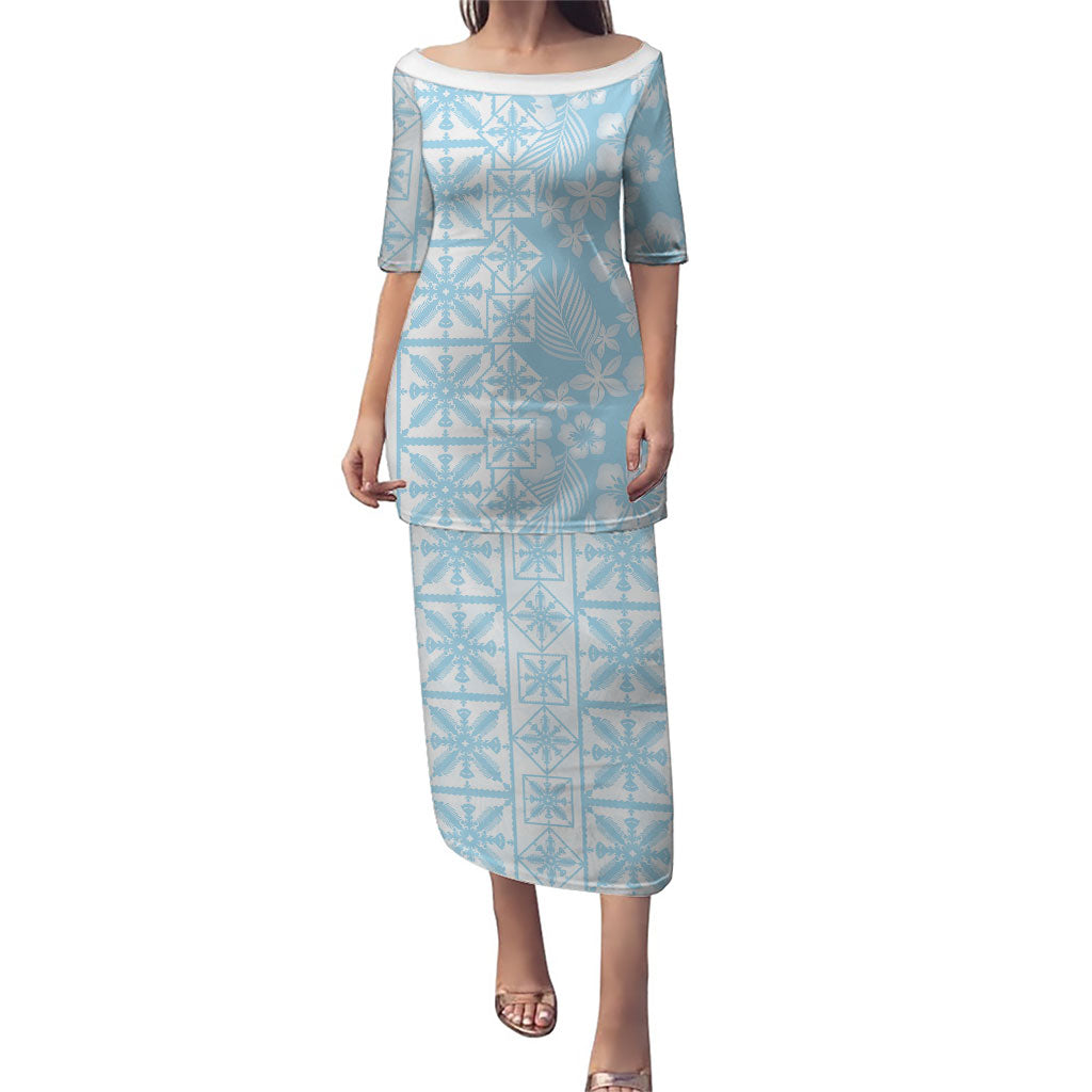 Pastel Blue Kahili Quilt Hawaii Puletasi Tropical Flower Seamless Half Style LT14 Long Dress Blue - Polynesian Pride