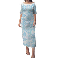 Pastel Blue Kahili Quilt Hawaii Puletasi Tropical Flower Seamless Half Style LT14 Long Dress Blue - Polynesian Pride