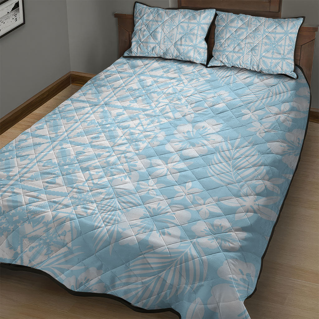 Pastel Blue Kahili Quilt Hawaii Quilt Bed Set Tropical Flower Seamless Half Style