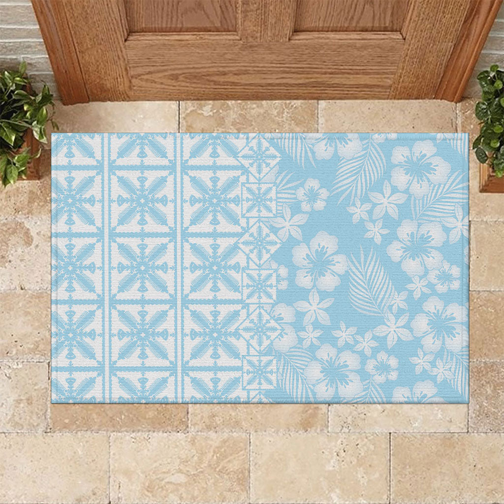 Pastel Blue Kahili Quilt Hawaii Rubber Doormat Tropical Flower Seamless Half Style