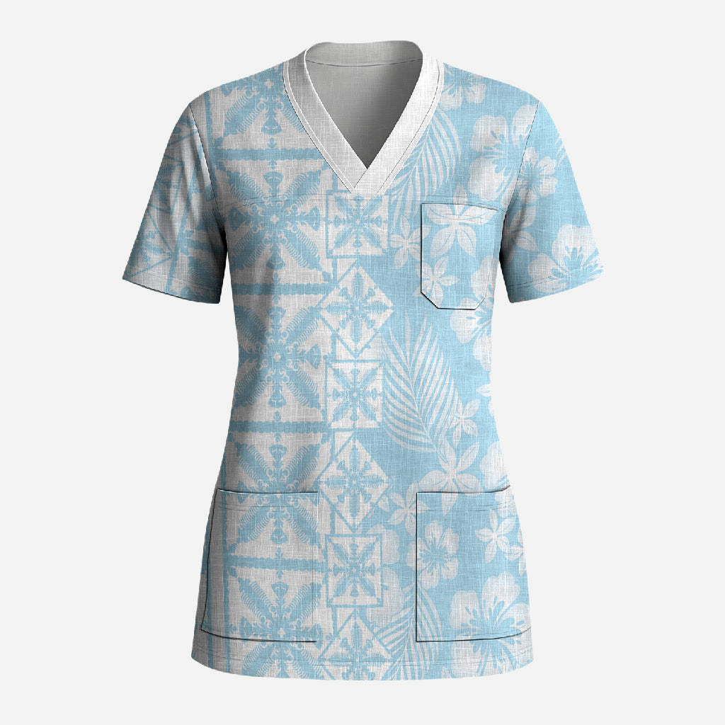 Pastel Blue Kahili Quilt Hawaii Scrub Top Tropical Flower Seamless Half Style LT14 Adult Blue - Polynesian Pride