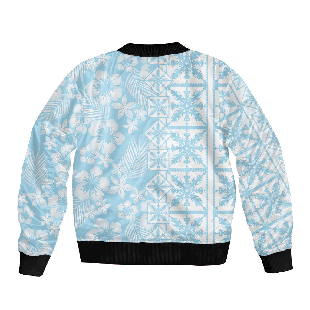 Pastel Blue Kahili Quilt Hawaii Sleeve Zip Bomber Jacket Tropical Flower Seamless Half Style LT14 - Polynesian Pride