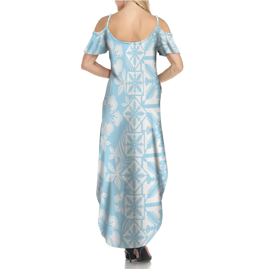 Pastel Blue Kahili Quilt Hawaii Summer Maxi Dress Tropical Flower Seamless Half Style LT14 - Polynesian Pride
