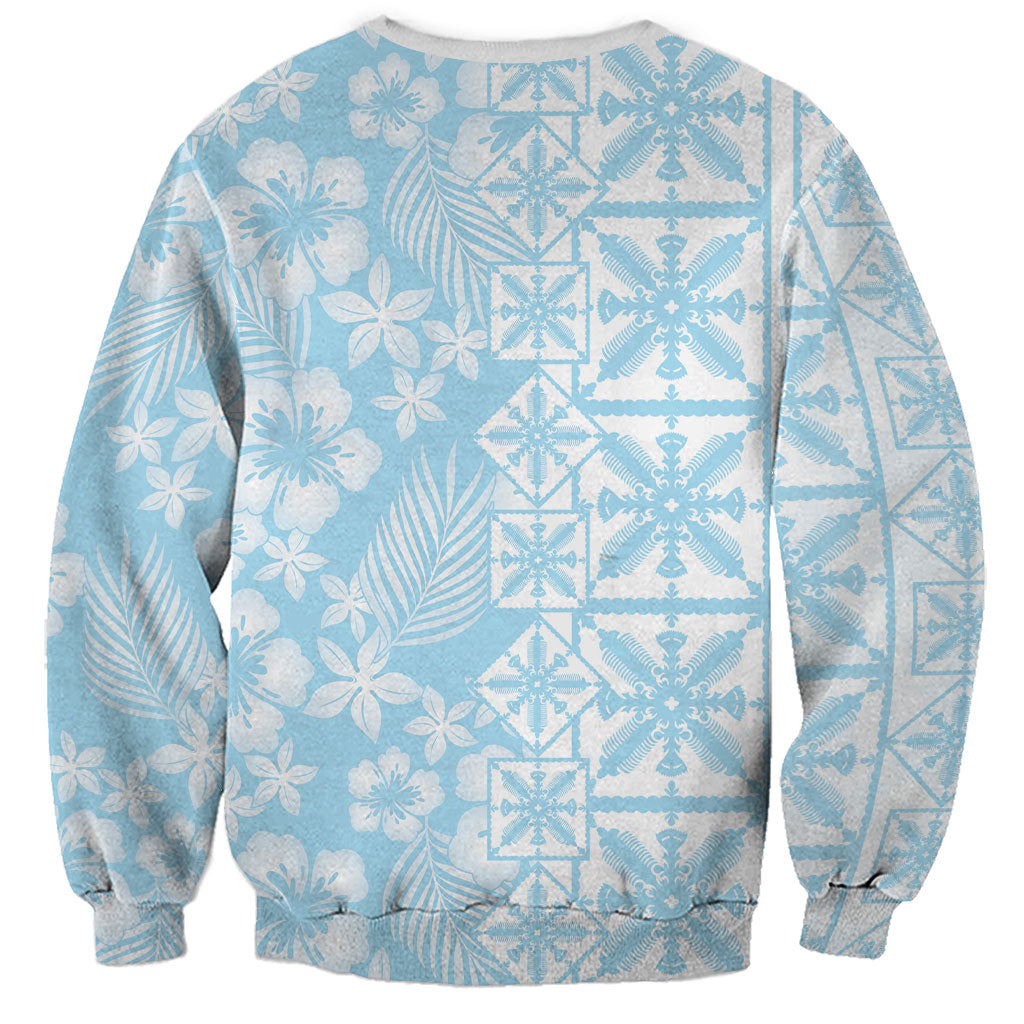 Pastel Blue Kahili Quilt Hawaii Sweatshirt Tropical Flower Seamless Half Style LT14 - Polynesian Pride
