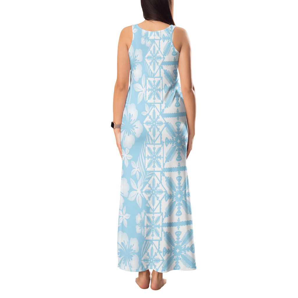 Pastel Blue Kahili Quilt Hawaii Tank Maxi Dress Tropical Flower Seamless Half Style