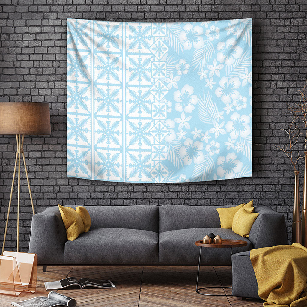 Pastel Blue Kahili Quilt Hawaii Tapestry Tropical Flower Seamless Half Style LT14 Blue - Polynesian Pride