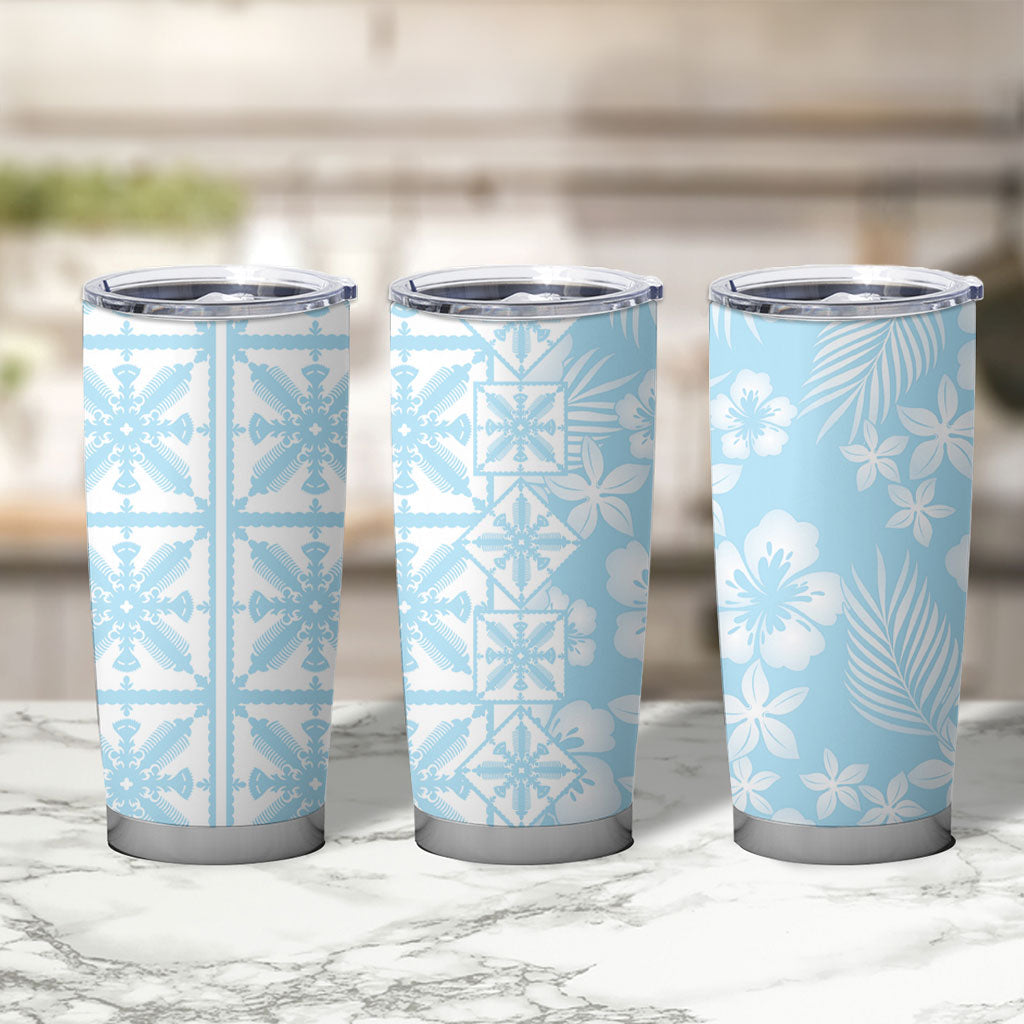 Pastel Blue Kahili Quilt Hawaii Tumbler Cup Tropical Flower Seamless Half Style LT14 - Polynesian Pride